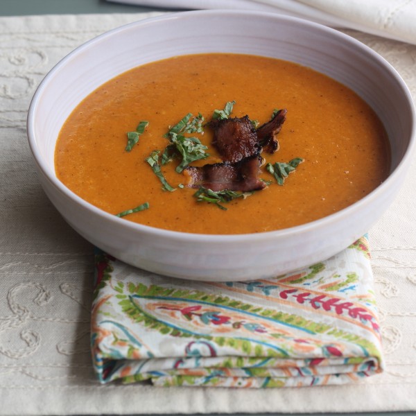 Grilled Tomato and Red Bell Pepper Soup with Grilled Pancetta